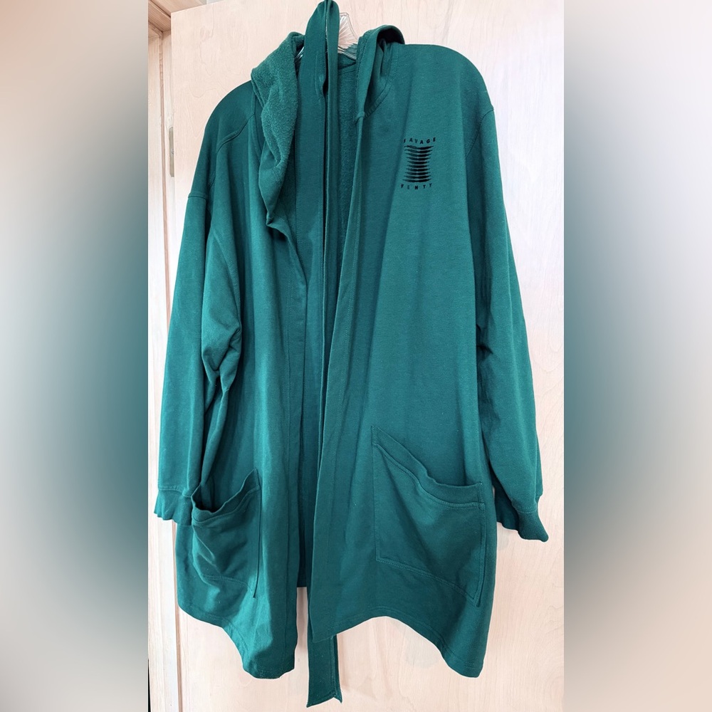 Savage X  Fenty wrap coat XS/S green fleece with fabric belt; Rihanna design.